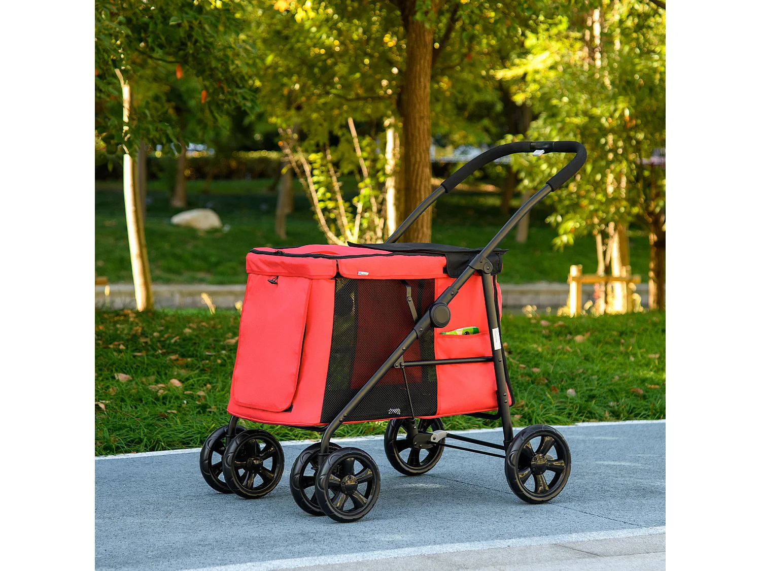 Poussette pliable pour chien chat 4 roues 3 pochettes rangement coussin acier oxford rouge