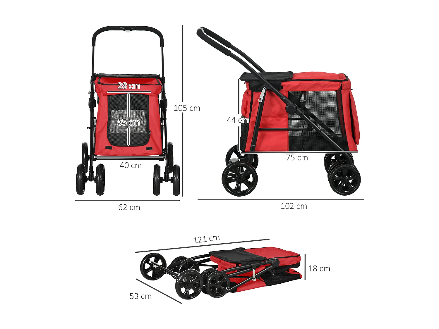 Poussette pliable pour chien chat 4 roues 3 pochettes rangement coussin acier oxford rouge