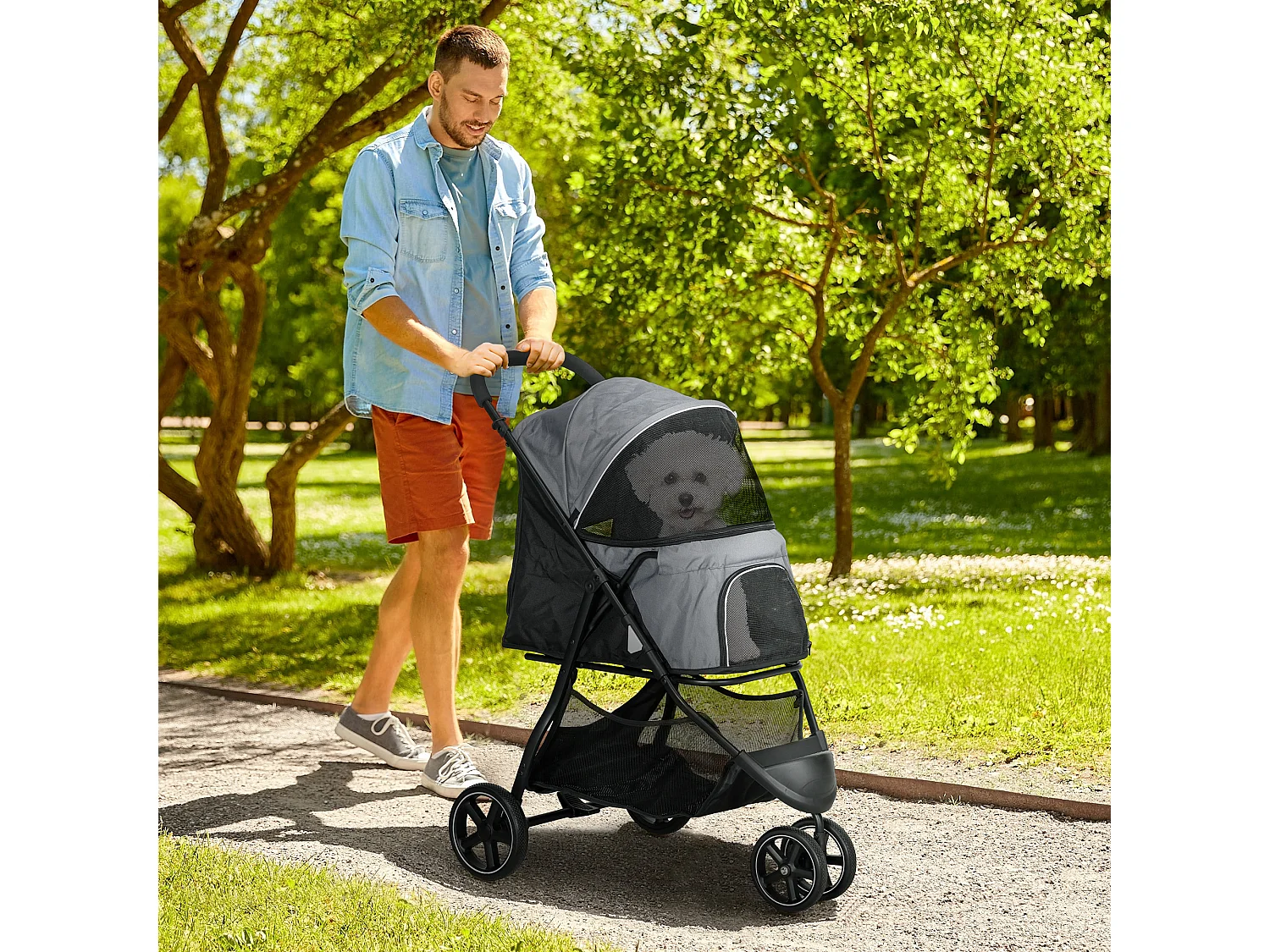 Poussette buggy pliable pour chien chat - 2 attaches, guidon réglable, panier - acier oxford gris