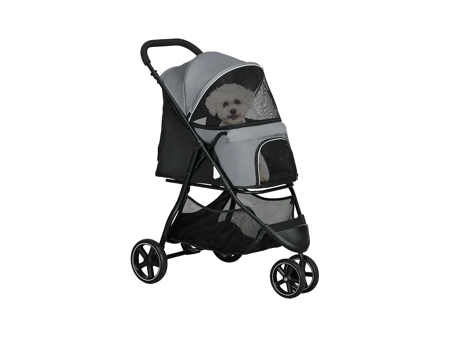 Poussette buggy pliable pour chien chat - 2 attaches, guidon réglable, panier - acier oxford gris