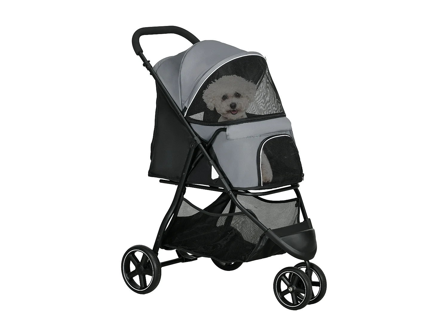 Poussette buggy pliable pour chien chat - 2 attaches, guidon réglable, panier - acier oxford gris
