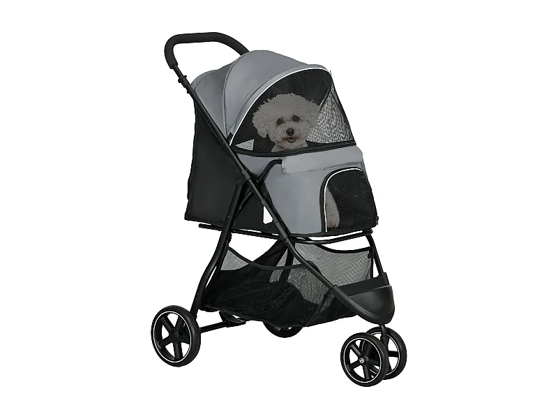 Poussette buggy pliable pour chien chat - 2 attaches, guidon réglable, panier - acier oxford gris