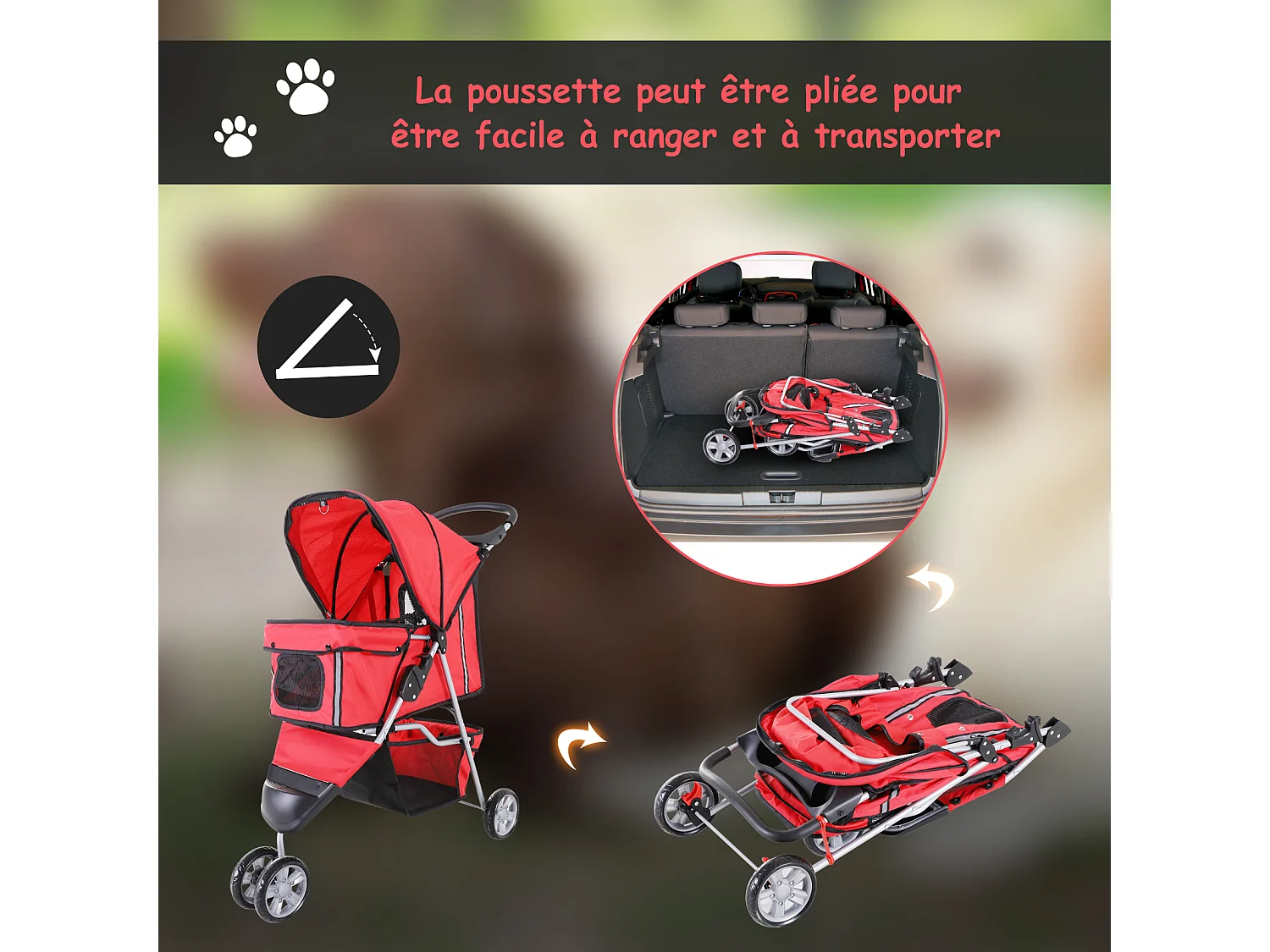 Poussette buggy pour chien chat animaux roue avant pivotante 360 degrés rouge