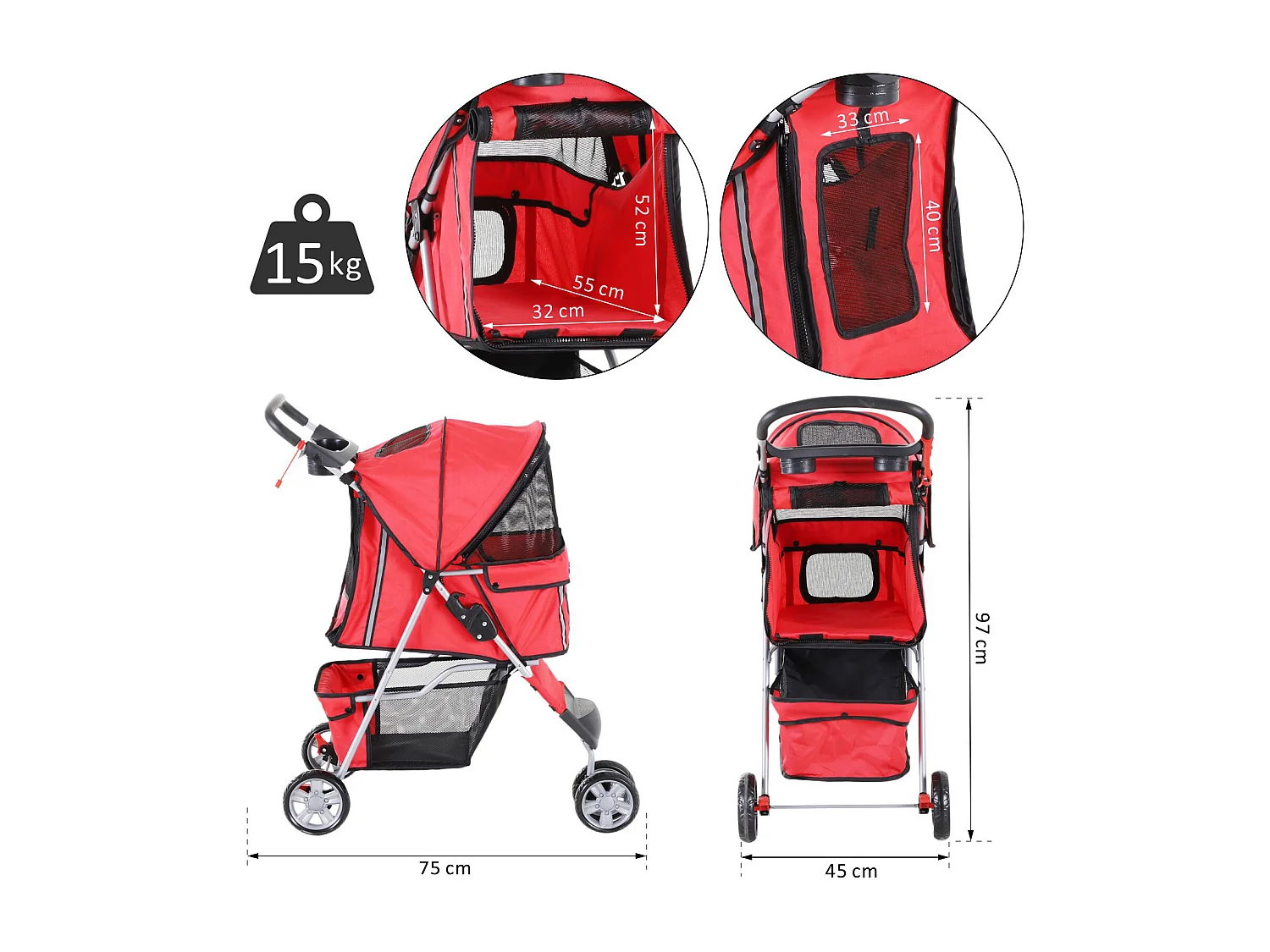 Poussette buggy pour chien chat animaux roue avant pivotante 360 degrés rouge