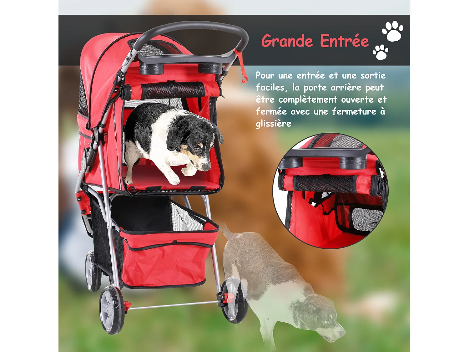 Poussette buggy pour chien chat animaux roue avant pivotante 360 degrés rouge