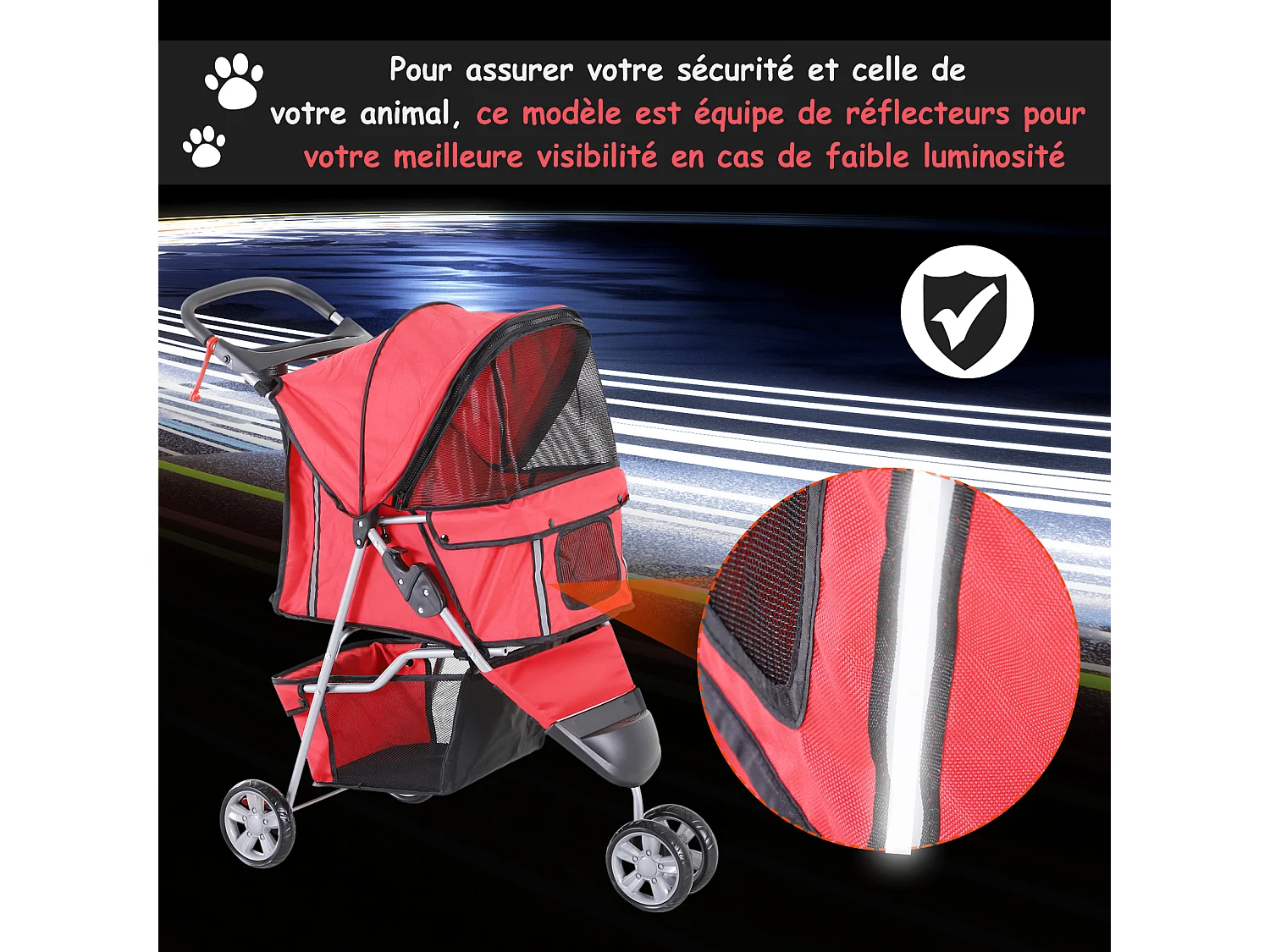Poussette buggy pour chien chat animaux roue avant pivotante 360 degrés rouge