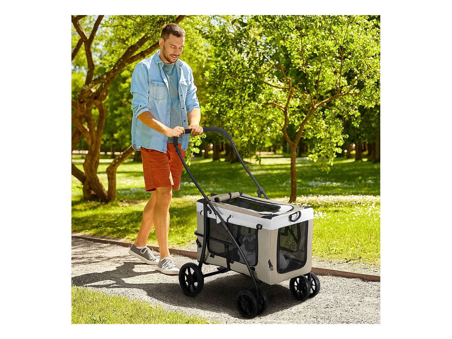 Poussette pliable animaux chien chat nacelle amovible 4 roues kaki