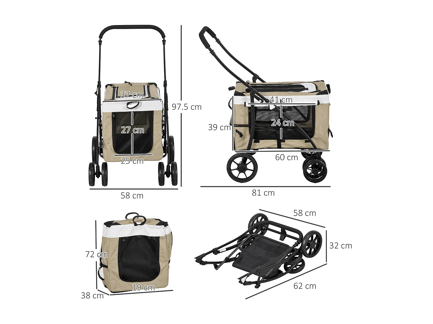 Poussette pliable animaux chien chat nacelle amovible 4 roues kaki