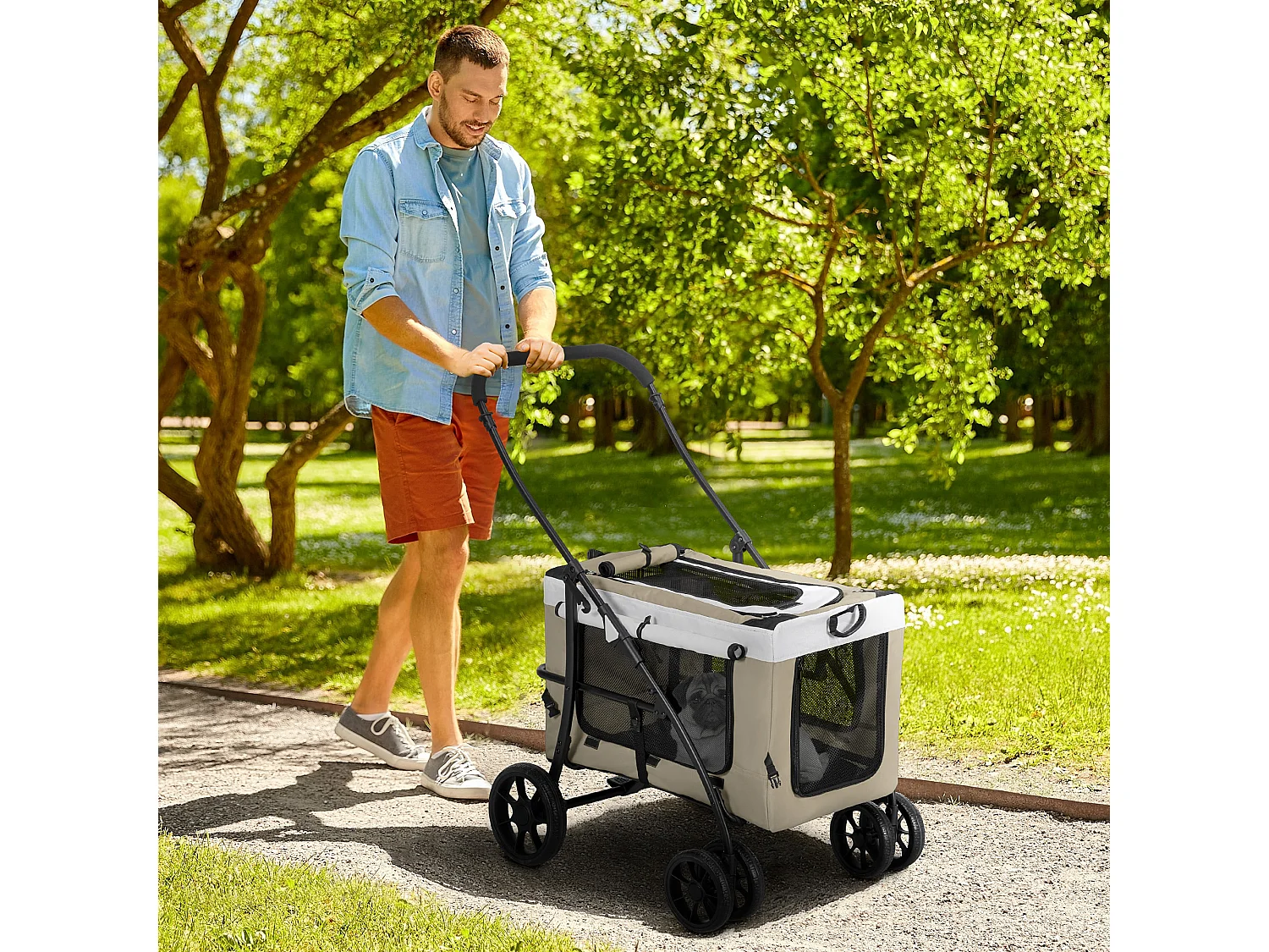 Poussette pliable animaux chien chat nacelle amovible 4 roues kaki