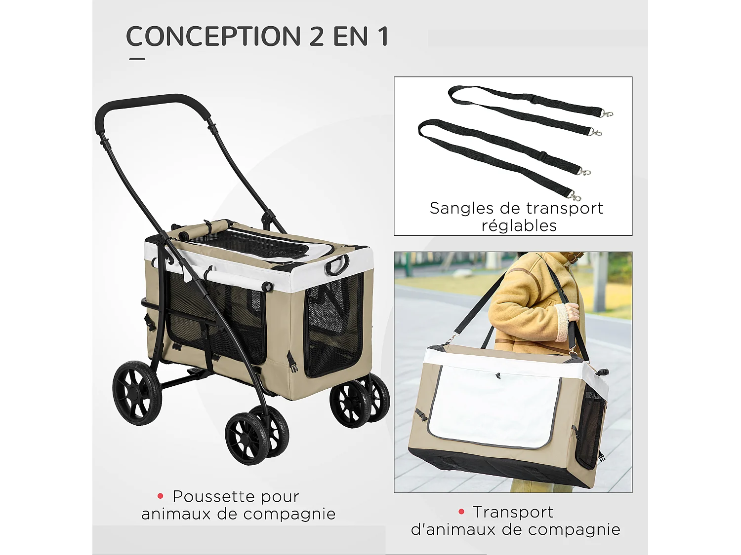 Poussette pliable animaux chien chat nacelle amovible 4 roues kaki