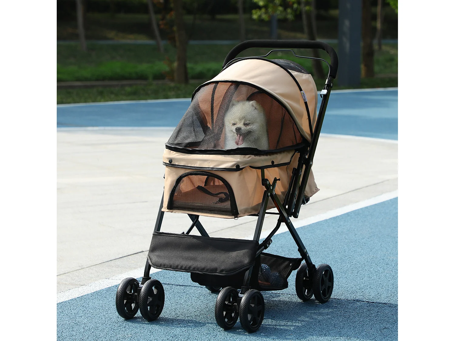 Poussette buggy pliable chien chat panier et sac de rangement attaches sécurité housse réglable poignée réglable acier Oxford beige