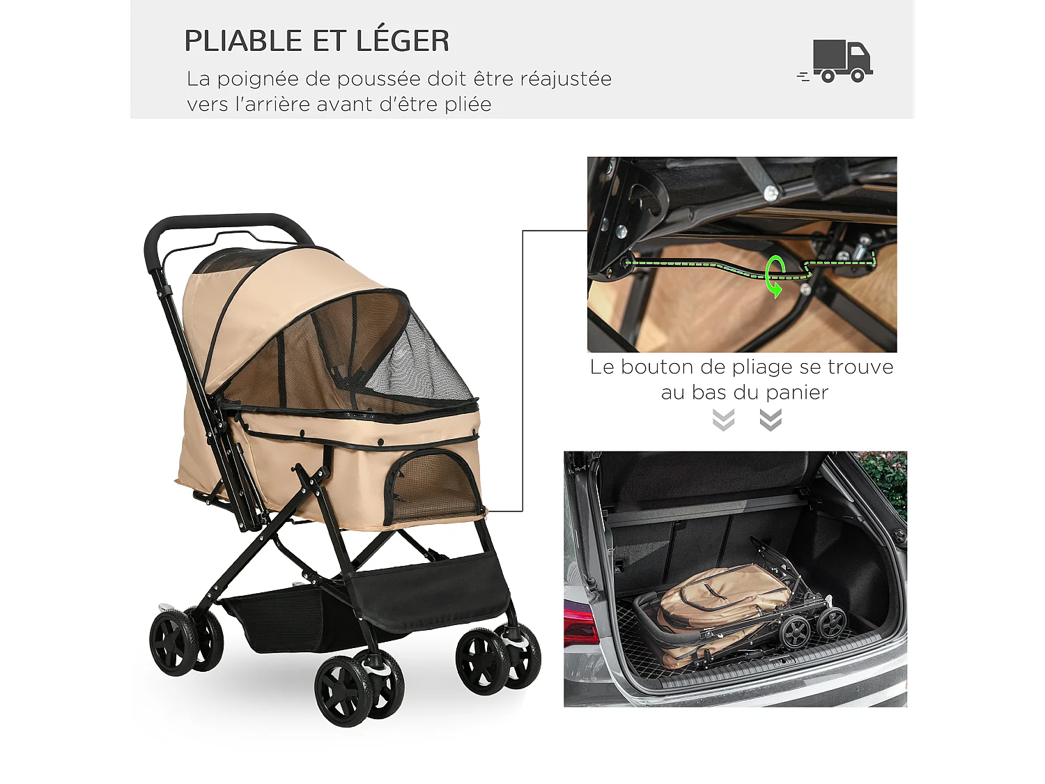 Poussette buggy pliable chien chat panier et sac de rangement attaches sécurité housse réglable poignée réglable acier Oxford beige