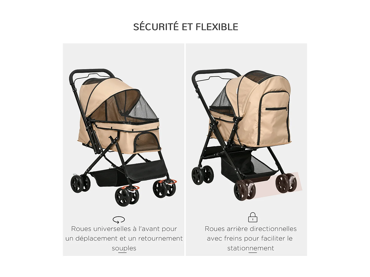 Poussette buggy pliable chien chat panier et sac de rangement attaches sécurité housse réglable poignée réglable acier Oxford beige