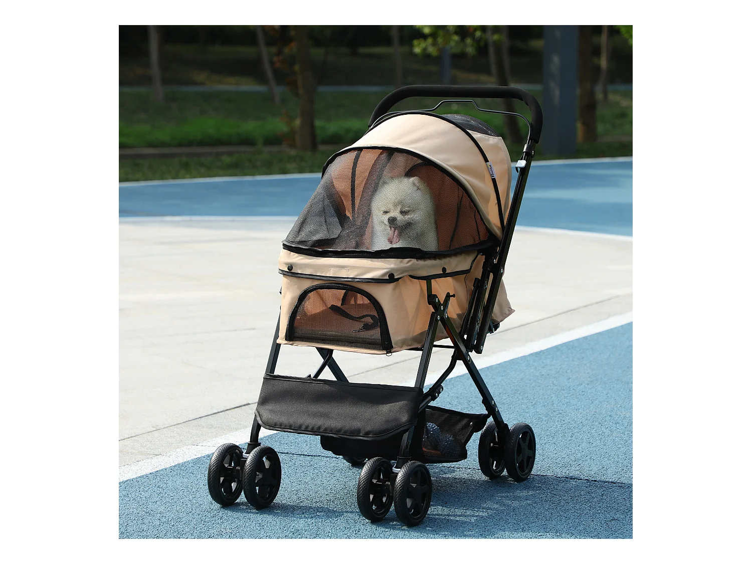 Poussette buggy pliable chien chat panier et sac de rangement attaches sécurité housse réglable poignée réglable acier Oxford beige