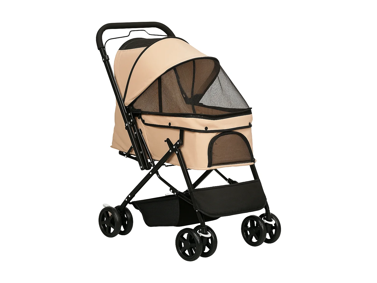 Poussette buggy pliable chien chat panier et sac de rangement attaches sécurité housse réglable poignée réglable acier Oxford beige