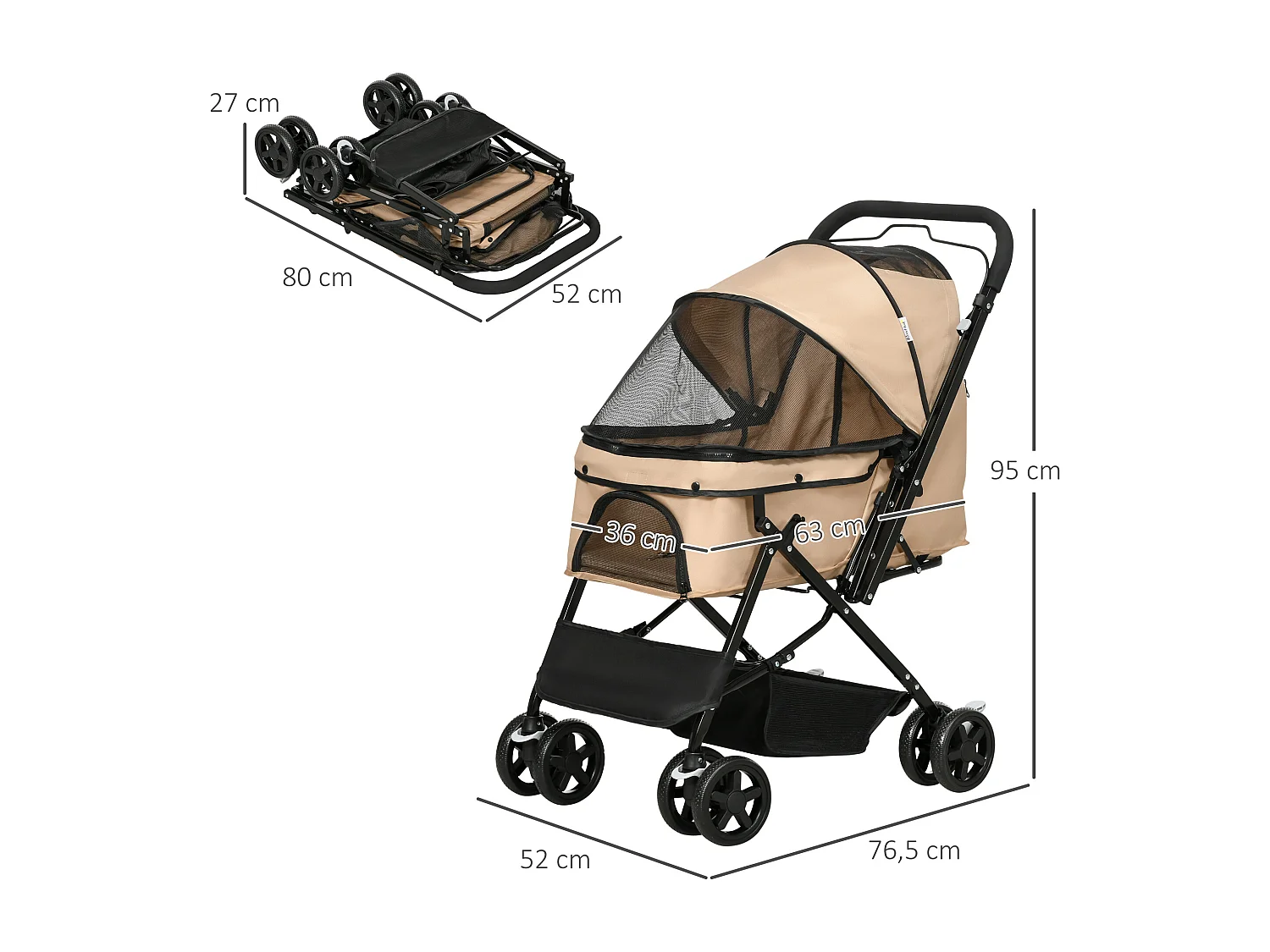 Poussette buggy pliable chien chat panier et sac de rangement attaches sécurité housse réglable poignée réglable acier Oxford beige