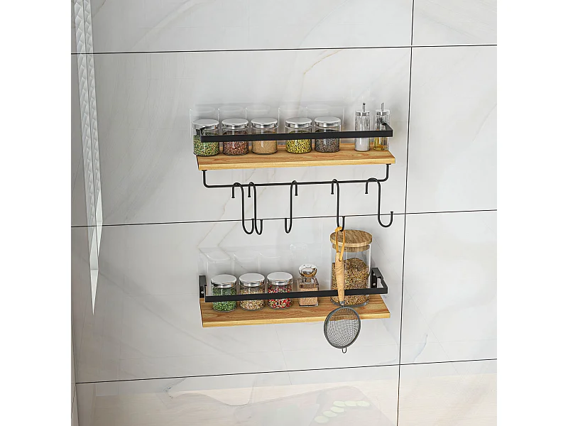 Lot de 2 étagères murales flottantes en bois de sapin et acier noir - étagères de cuisine à ustensiles - 6 crochets amovibles