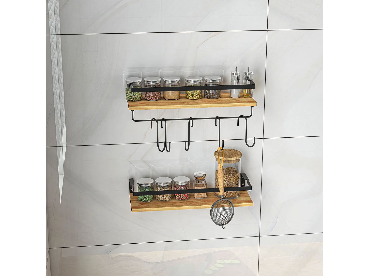 Lot de 2 étagères murales flottantes en bois de sapin et acier noir - étagères de cuisine à ustensiles - 6 crochets amovibles