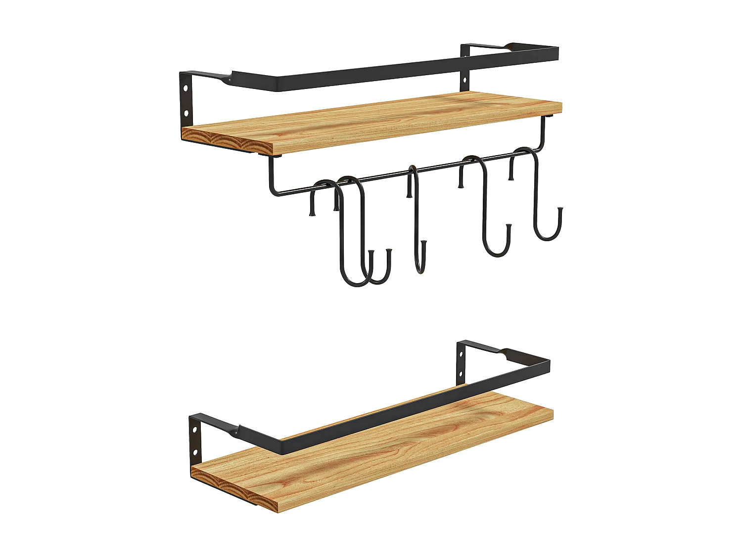 Lot de 2 étagères murales flottantes en bois de sapin et acier noir - étagères de cuisine à ustensiles - 6 crochets amovibles