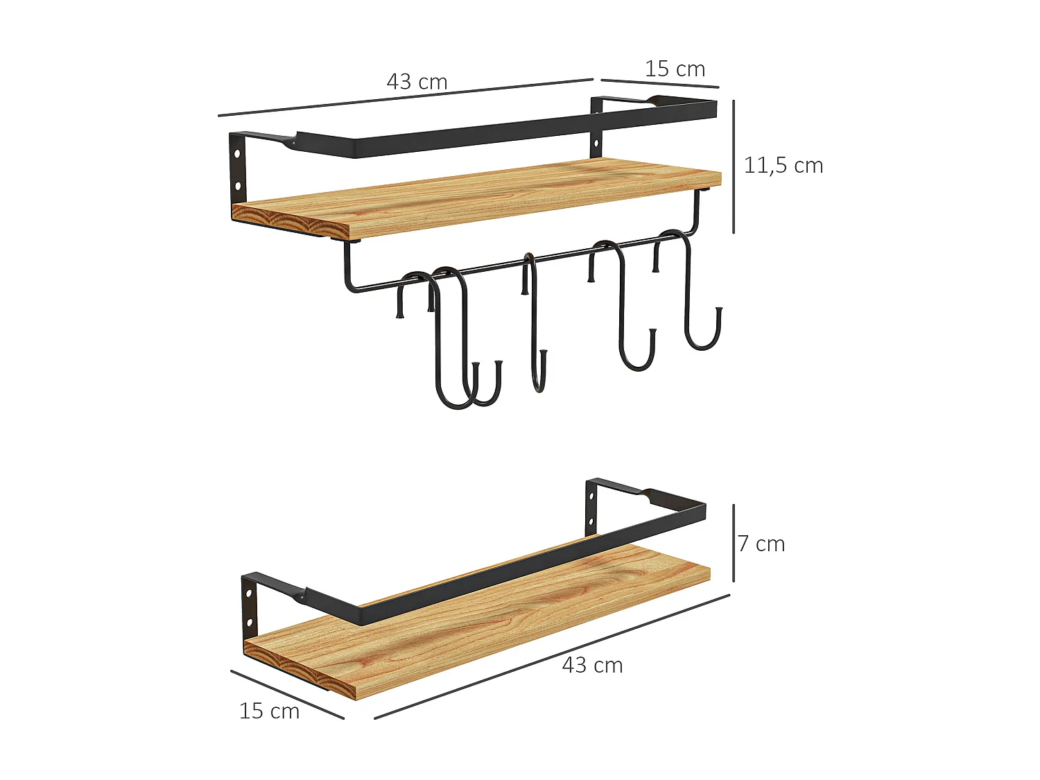 Lot de 2 étagères murales flottantes en bois de sapin et acier noir - étagères de cuisine à ustensiles - 6 crochets amovibles