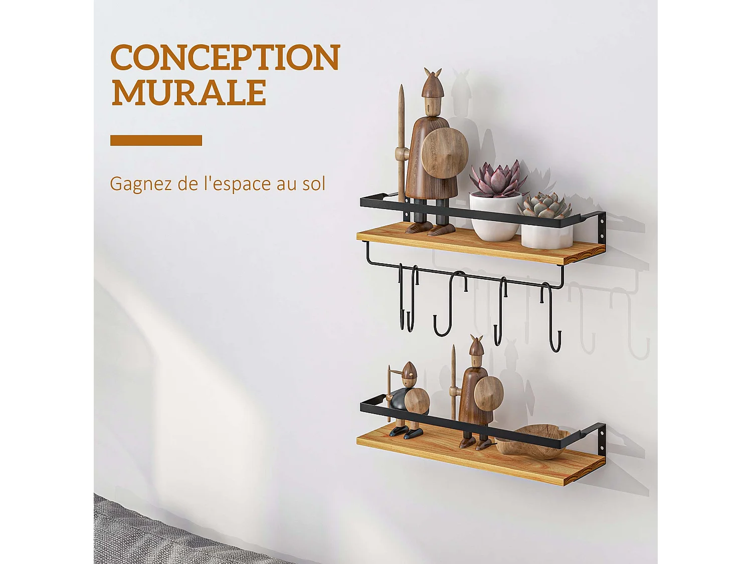 Lot de 2 étagères murales flottantes en bois de sapin et acier noir - étagères de cuisine à ustensiles - 6 crochets amovibles
