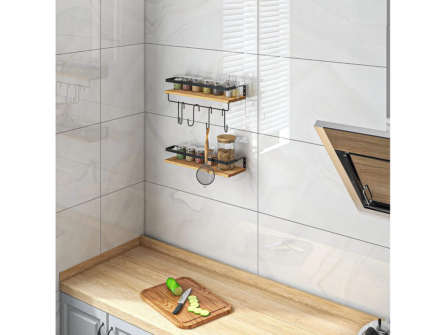 Lot de 2 étagères murales flottantes en bois de sapin et acier noir - étagères de cuisine à ustensiles - 6 crochets amovibles