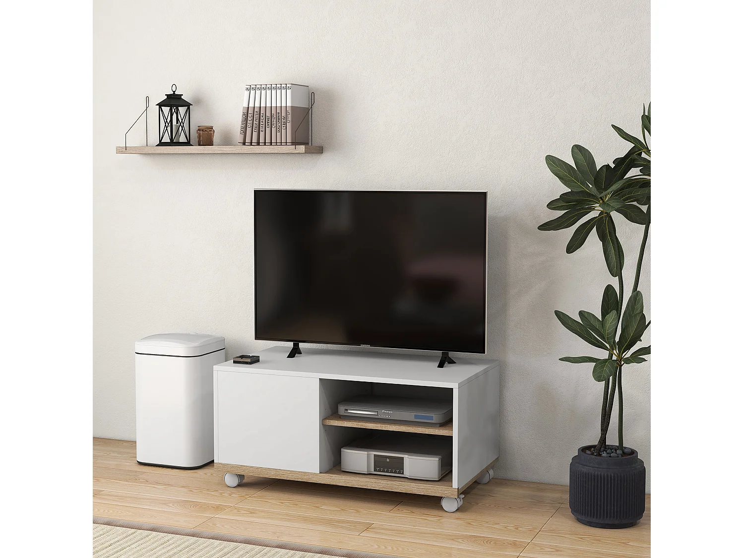 Meuble TV sur roulettes avec 2 freins - 2 niches + placard porte 2 passe-fil - panneaux particules blanc chêne clair