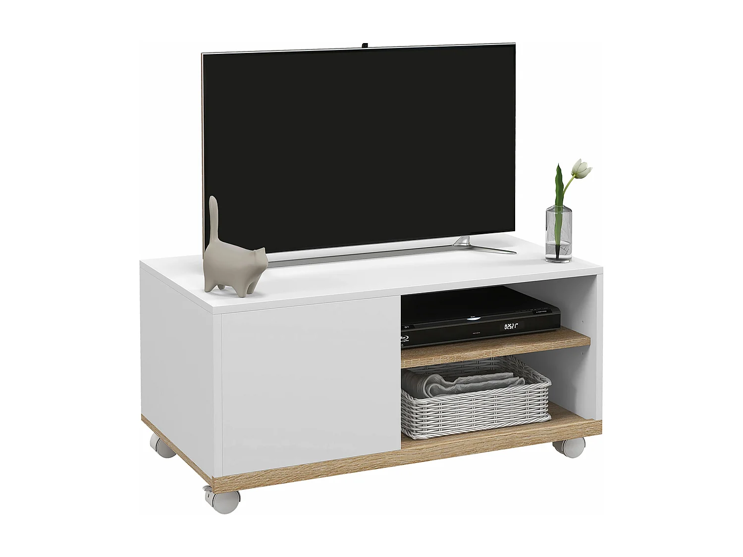 Meuble TV sur roulettes avec 2 freins - 2 niches + placard porte 2 passe-fil - panneaux particules blanc chêne clair