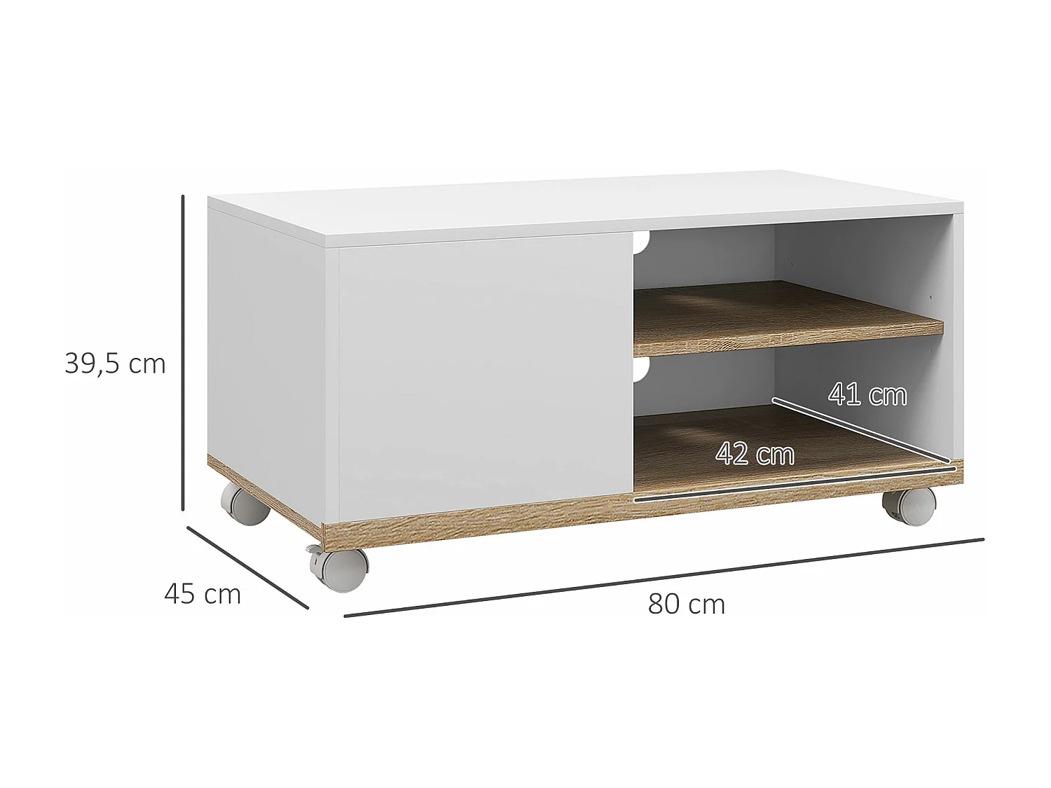 Meuble TV sur roulettes avec 2 freins - 2 niches + placard porte 2 passe-fil - panneaux particules blanc chêne clair