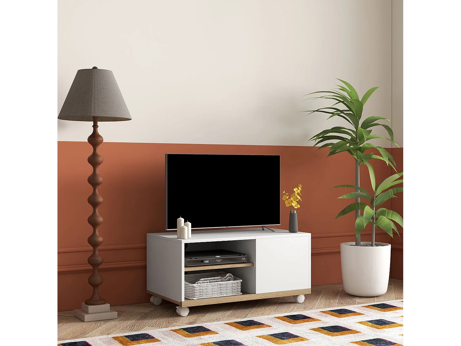 Meuble TV sur roulettes avec 2 freins - 2 niches + placard porte 2 passe-fil - panneaux particules blanc chêne clair