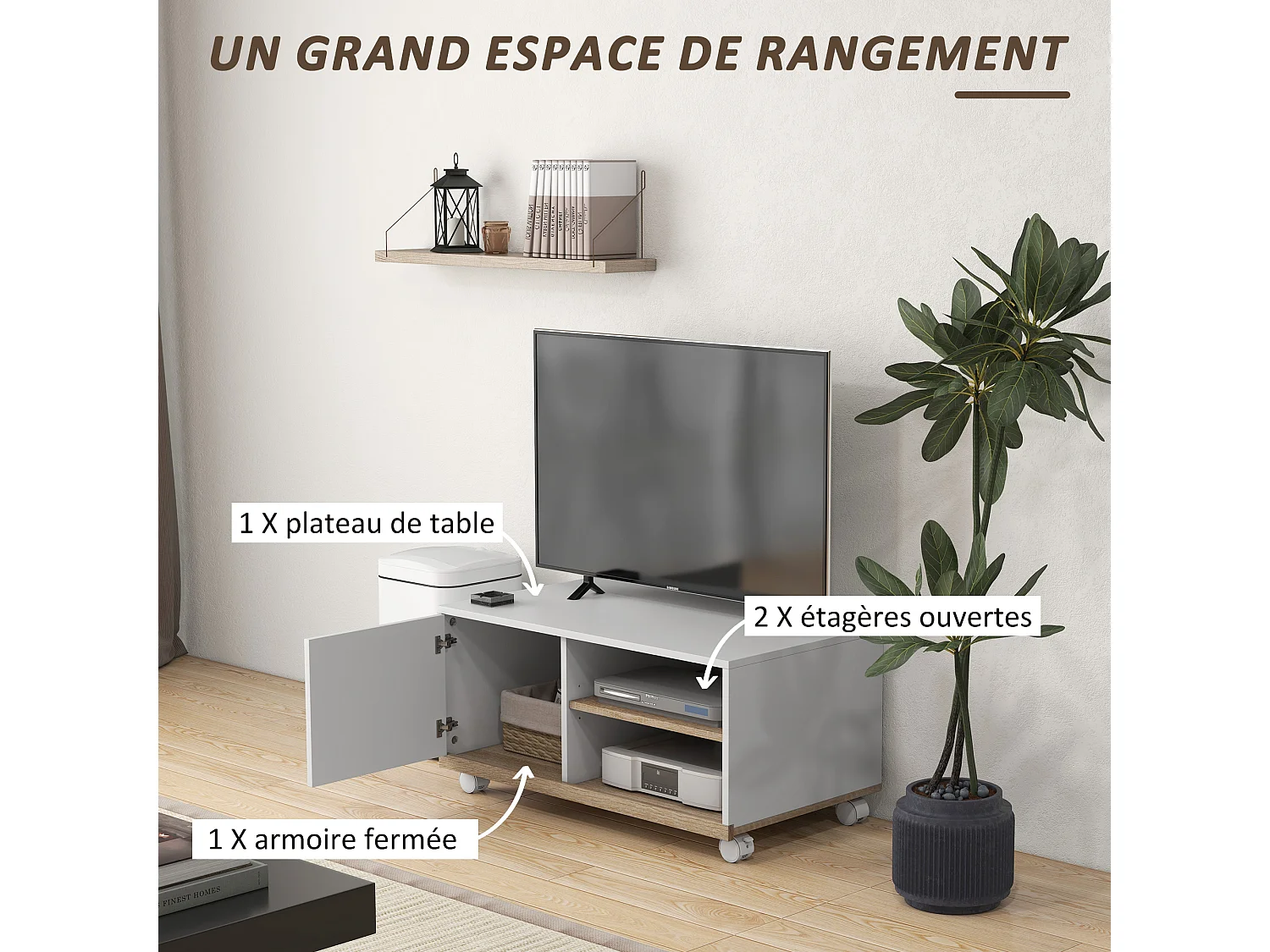 Meuble TV sur roulettes avec 2 freins - 2 niches + placard porte 2 passe-fil - panneaux particules blanc chêne clair
