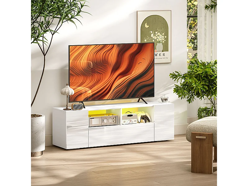 Meuble TV banc TV LED 2 étagères placards blanc laqué