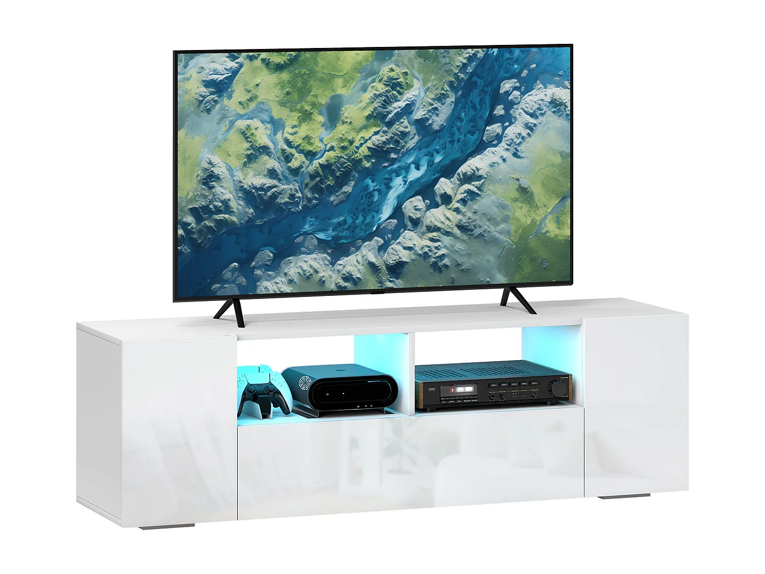 Meuble TV banc TV LED 2 étagères placards blanc laqué