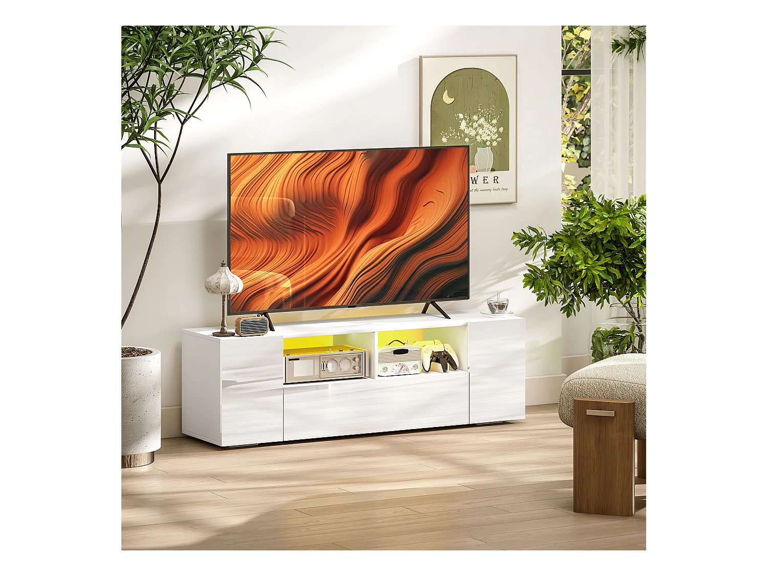 Meuble TV banc TV LED 2 étagères placards blanc laqué
