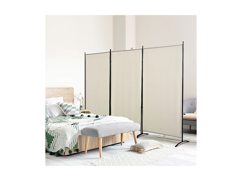 Paravent 3 panneaux sur pied brise-vue séparateur métal époxy polyester haute densité beige