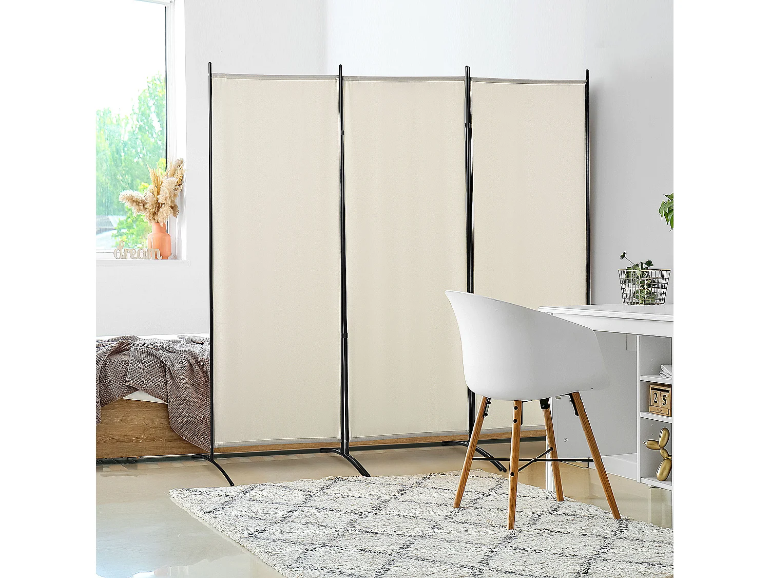 Paravent 3 panneaux sur pied brise-vue séparateur métal époxy polyester haute densité beige