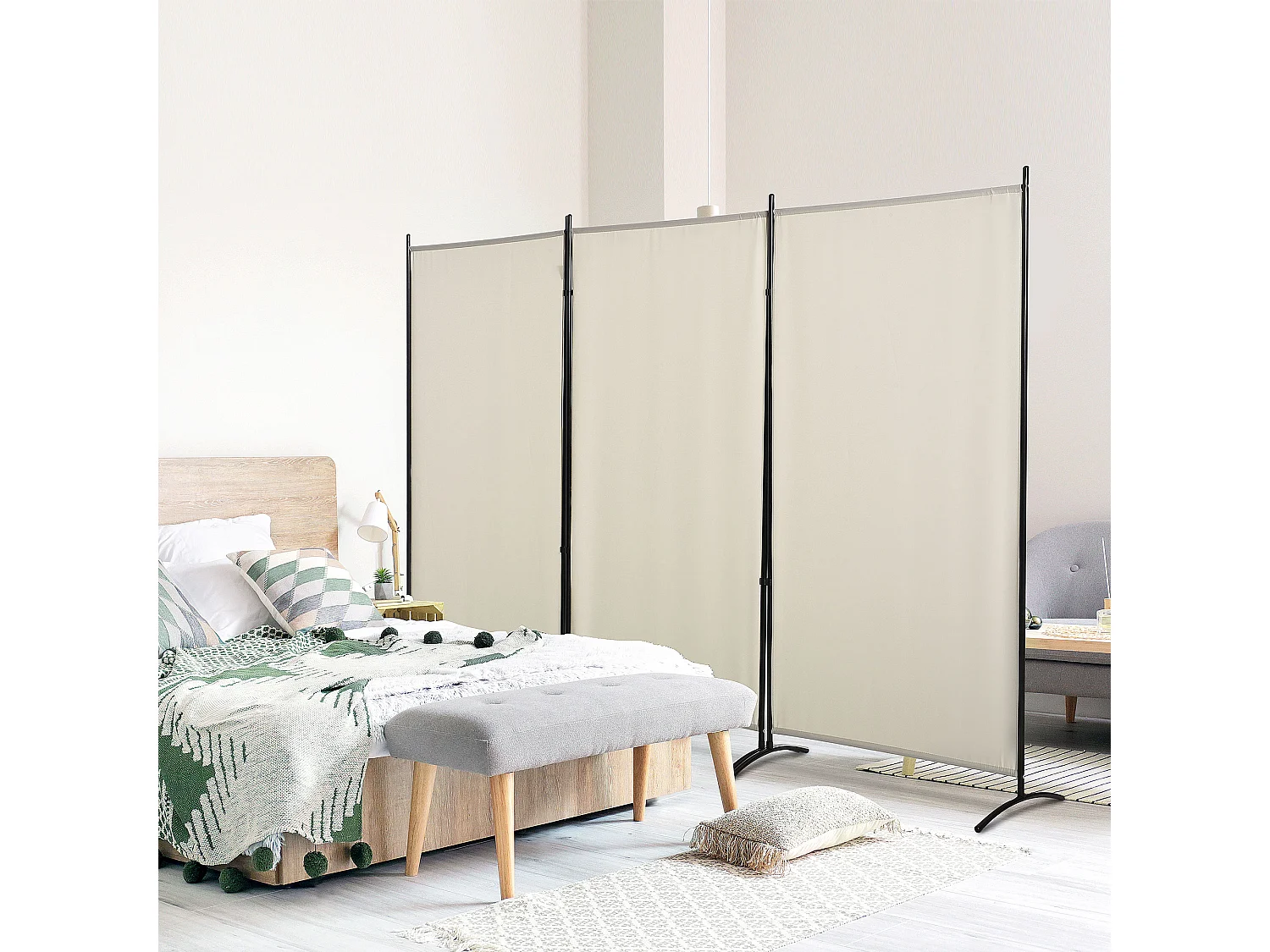 Paravent 3 panneaux sur pied brise-vue séparateur métal époxy polyester haute densité beige