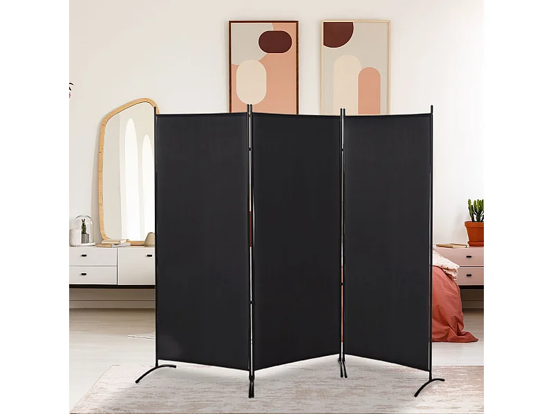 Paravent 3 panneaux sur pied brise-vue séparateur métal époxy polyester haute densité noir