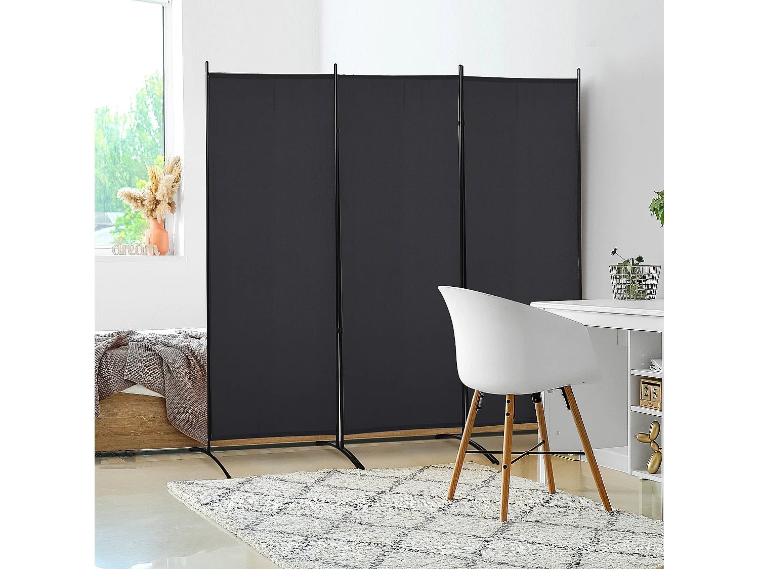 Paravent 3 panneaux sur pied brise-vue séparateur métal époxy polyester haute densité noir