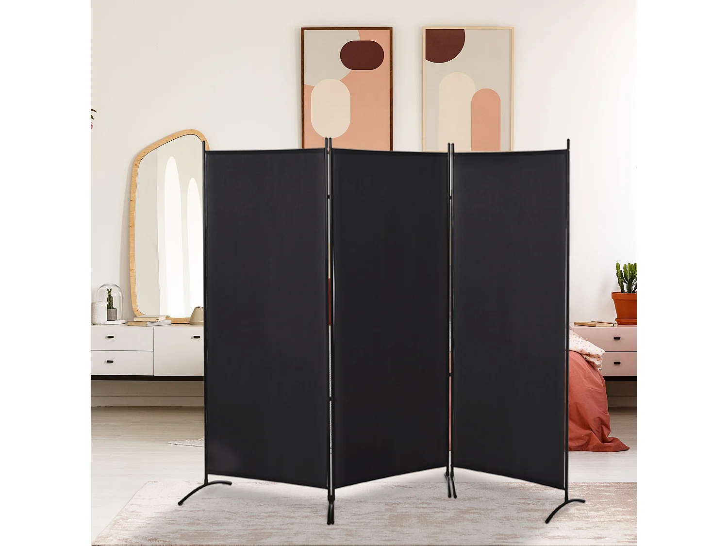 Paravent 3 panneaux sur pied brise-vue séparateur métal époxy polyester haute densité noir