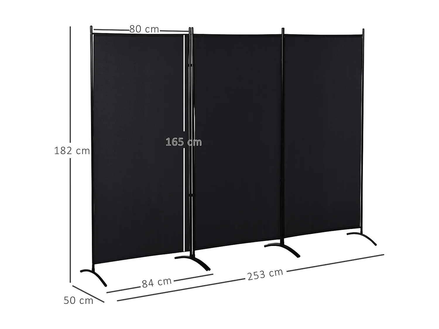 Paravent 3 panneaux sur pied brise-vue séparateur métal époxy polyester haute densité noir