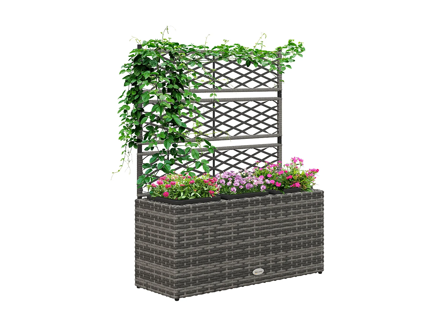 Jardinière avec treillis dim. 84L x 30l x 107H cm 3 bacs inserts d'irrigation inclus PE imitation rotin tressé gris