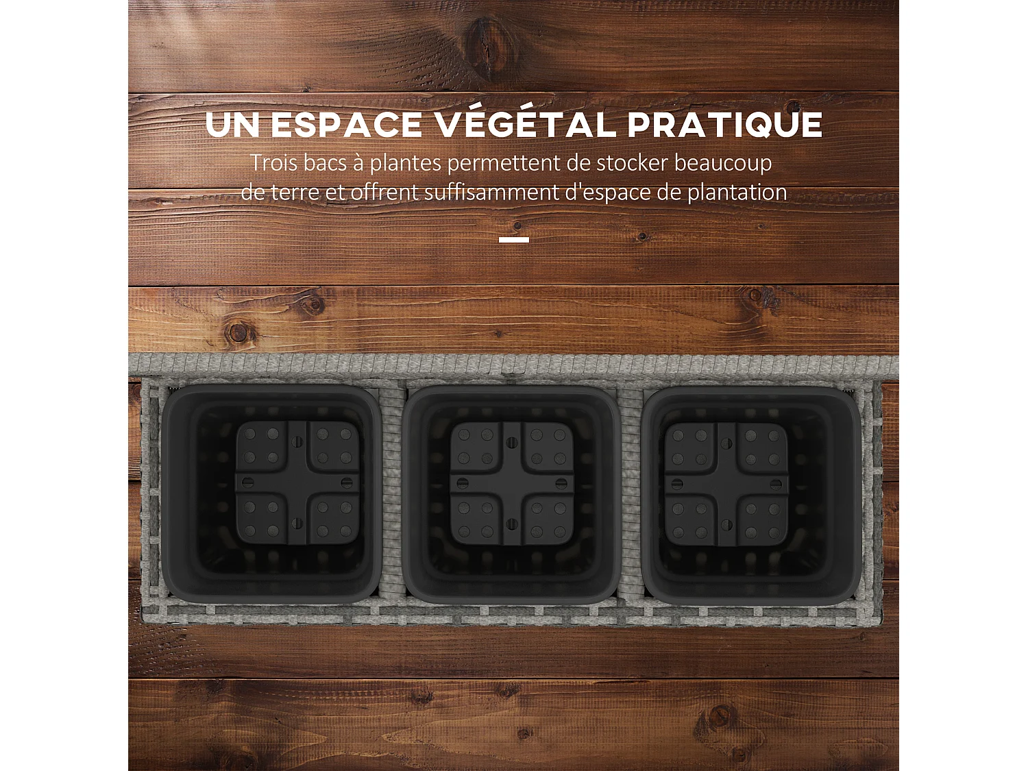 Jardinière avec treillis dim. 84L x 30l x 107H cm 3 bacs inserts d'irrigation inclus PE imitation rotin tressé gris