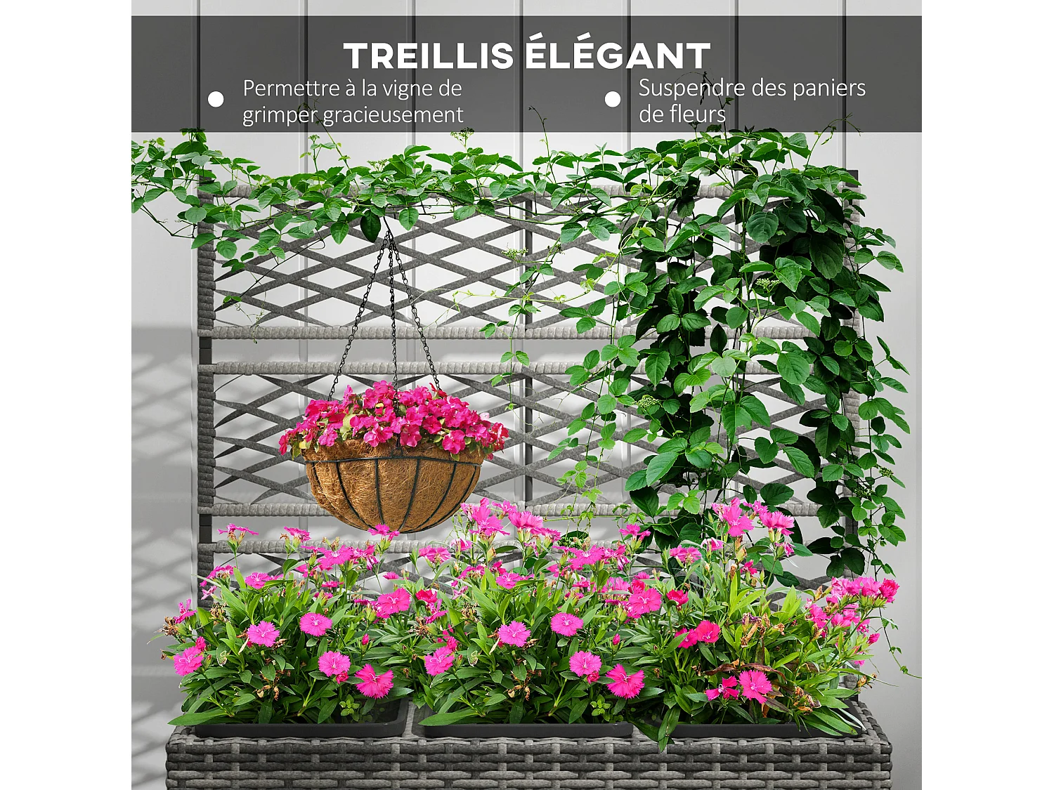 Jardinière avec treillis dim. 84L x 30l x 107H cm 3 bacs inserts d'irrigation inclus PE imitation rotin tressé gris