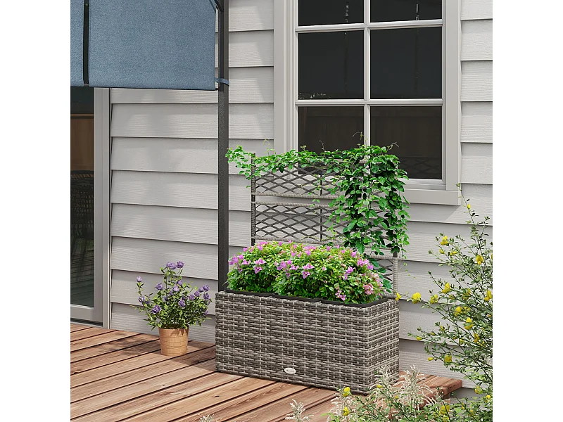 Jardinière avec treillis dim. 84L x 30l x 107H cm 3 bacs inserts d'irrigation inclus PE imitation rotin tressé gris