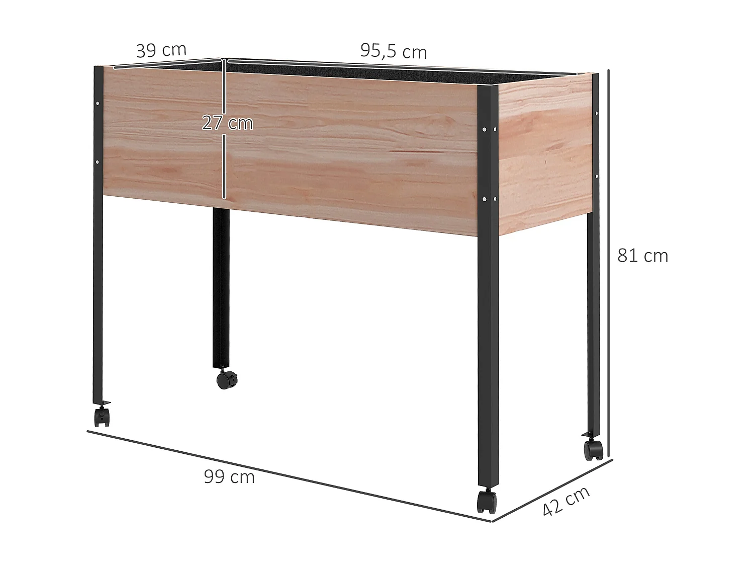 Jardinière sur pied - potager sur roulettes - inserts d'irrigation, feutre drainage inclus - acier bois sapin pré-huilé