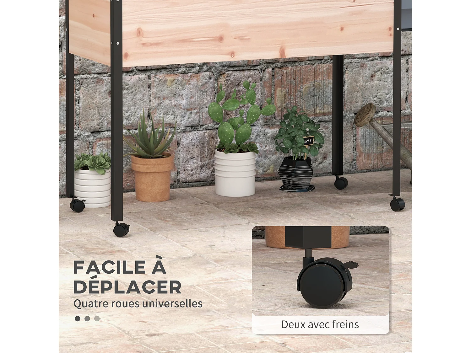 Jardinière sur pied - potager sur roulettes - inserts d'irrigation, feutre drainage inclus - acier bois sapin pré-huilé