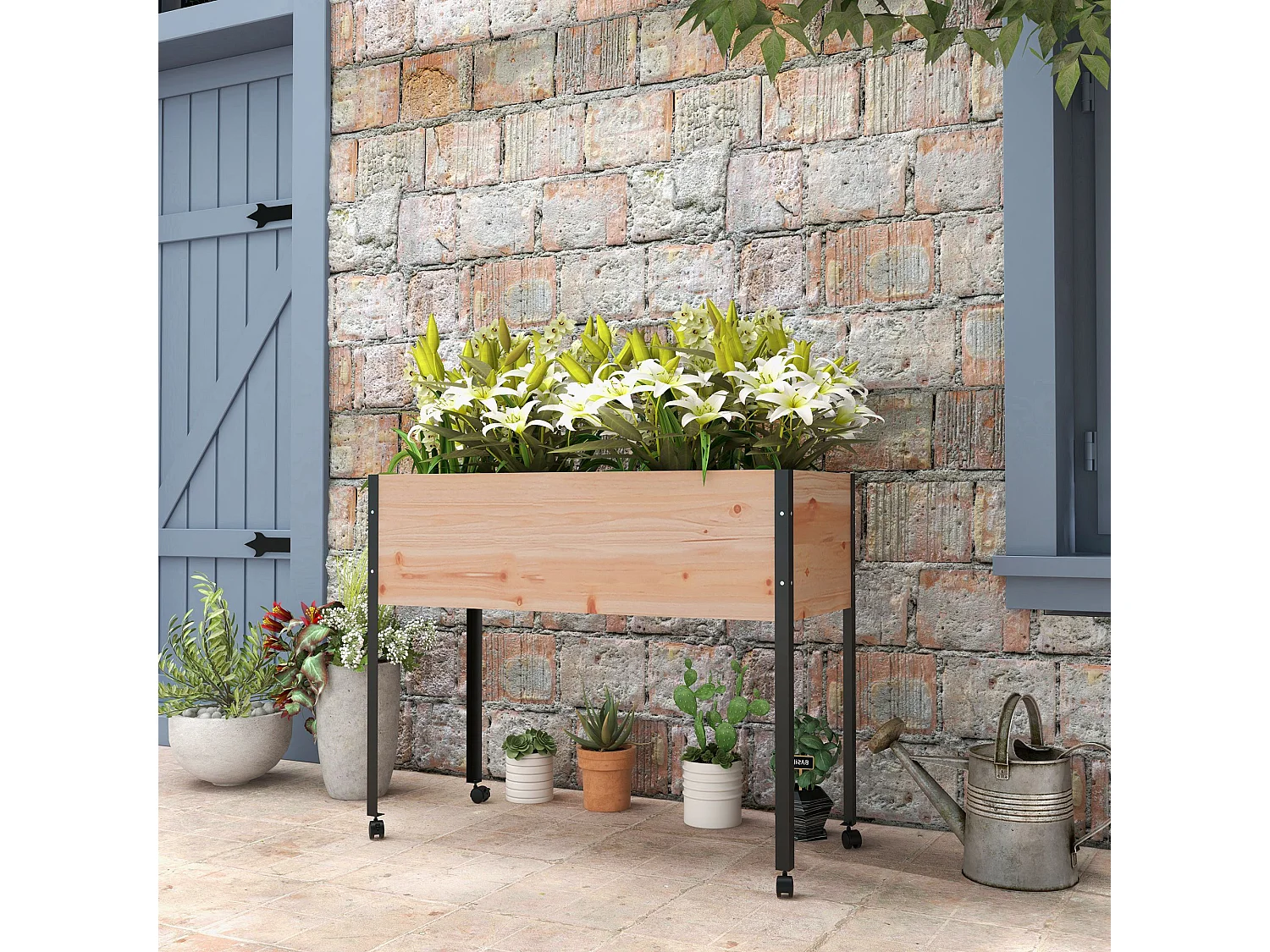 Jardinière sur pied - potager sur roulettes - inserts d'irrigation, feutre drainage inclus - acier bois sapin pré-huilé