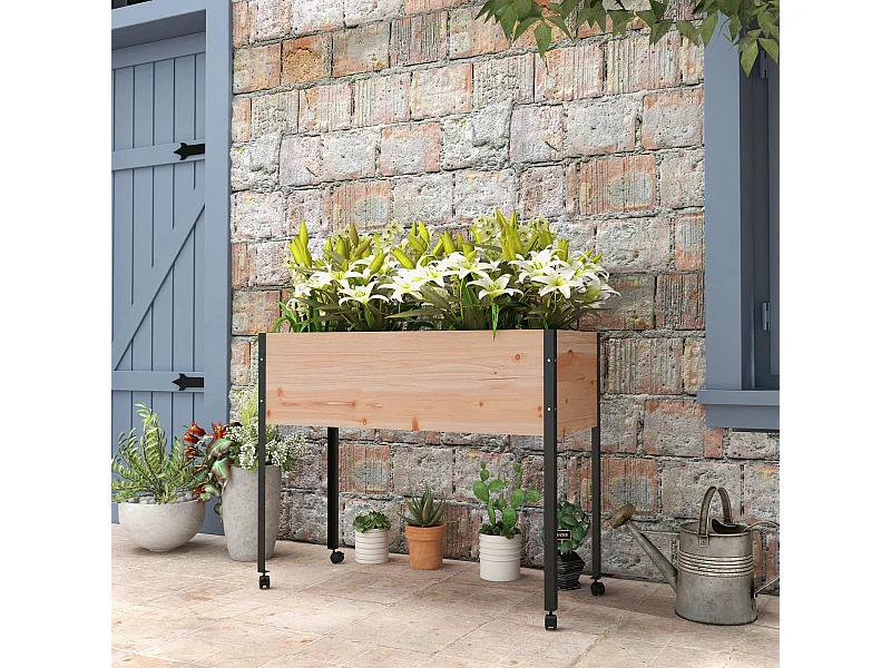 Jardinière sur pied - potager sur roulettes - inserts d'irrigation, feutre drainage inclus - acier bois sapin pré-huilé