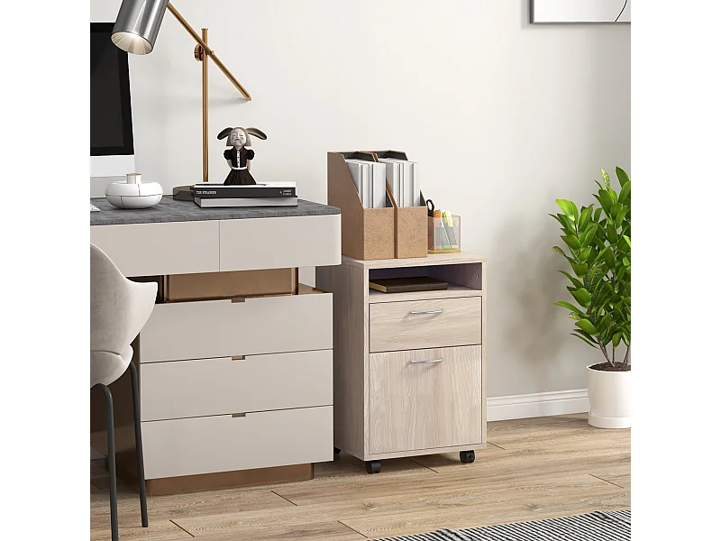 Caisson de bureau rangement bureau sur roulettes tiroir placard niche panneaux particules naturel